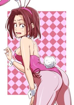 1girl absurdres akikawa_(akikawa_0421) animal_ears ass back-seamed_legwear blue_eyes breasts brown_hair checkered_background code_geass detached_collar fake_animal_ears hair_intakes highres kouzuki_kallen leaning_forward leotard medium_breasts pantyhose pink_leotard pink_pantyhose playboy_bunny rabbit_ears rabbit_tail seamed_legwear short_hair solo tail wrist_cuffs
