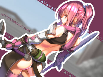 Rule 34 | 1girl, aoi mug, armor, ass, asymmetrical sleeves, back, bare shoulders, belt pouch, black gloves, black panties, blurry, breastplate, closed mouth, copyright name, cowboy shot, depth of field, detached sleeves, dual wielding, dutch angle, eyelashes, faulds, female focus, from behind, gloves, high ponytail, highres, holding, holding sword, holding weapon, looking at viewer, midriff, monster hunter (series), monster hunter frontier, outline, panties, pink hair, pink scarf, pink thighhighs, ponytail, pouch, profile, revealing clothes, scarf, sidelocks, solo, sword, tail, thighhighs, underwear, uneven sleeves, weapon