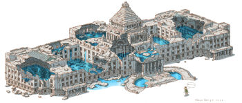 1boy 2026 abandoned absurdres backpack bag brown_hat brown_pants building commentary_request dilapidated hat highres original pants pillar post-apocalypse ruins shirt signature solo standing tokyogenso translation_request water waterfall white_background white_shirt window