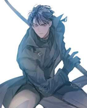 1boy aegyo_sal artist_name belt black_coat black_eyes black_gloves black_hair black_shirt coat commentary_request curtained_hair feet_out_of_frame fighting_stance gloves holding holding_sword holding_weapon korean_commentary looking_at_viewer male_focus omniscient_reader&#039;s_viewpoint open_clothes open_coat popped_collar serious shirt short_hair solo spread_legs sword weapon xiro yoo_joonghyuk