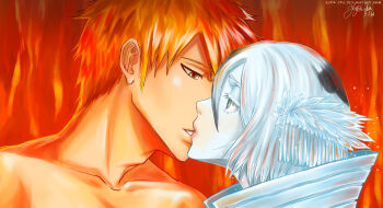 Rule 34 | 1boy, 1girl, bankai, bleach, fire, hair ornament, highres, ice, imminent kiss, kuchiki rukia, kurosaki ichigo, looking at another, orange hair, short hair, spoilers, topless female, yuria-chu