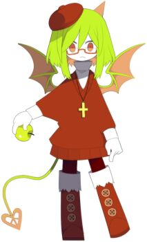 Rule 34 | 1girl, apple, bat wings, beret, boots, buttons, cross, cross necklace, demon girl, demon horns, demon tail, demon wings, food, fruit, full body, funamusea, funamusea (artist), glasses, green apple, green hair, haiiro teien, hat, holding, holding food, horns, jewelry, long sleeves, necklace, official art, orange eyes, pantyhose, red-tinted eyewear, red boots, red hat, red sweater, short hair, simple background, solo, sweater, tail, tinted eyewear, white background, wings, yosafire (funamusea)