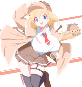 1girl blonde_hair blue_eyes breasts detective dog erikuukun hat highres hololive hololive_english holomyth huge_breasts large_breasts necktie skirt solo thighhighs virtual_youtuber watermark watson_amelia watson_amelia_(1st_costume)