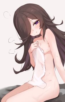 1girl :o absurdres areola_slip blush bright_pupils brown_hair clothing_cutout covered_erect_nipples covering_crotch covering_privates cowboy_shot crotch dot_nose hair_over_one_eye hands_up highres holding holding_towel long_hair looking_at_viewer nakoni_(solalalala) navel navel_cutout no_animal_ears no_tail nude nude_cover open_mouth pelvic_curtain purple_eyes relaxing rice_shower_(umamusume) simple_background sitting solo thighs towel umamusume white_background