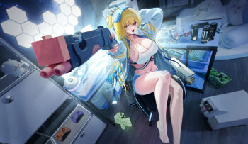1girl absurdres blonde_hair blue_shorts breasts can chair cleavage commentary computer computer_keyboard controller desk drink_can energy_drink english_commentary eye_mask foreshortening game_controller gun highres holding holding_gun holding_weapon indoors large_breasts long_hair looking_at_viewer manda_(luts7602) mask monster_energy navel original short_shorts shorts sidelocks sitting smile solo swivel_chair tank_top thighs weapon white_tank_top wooden_floor yellow_eyes