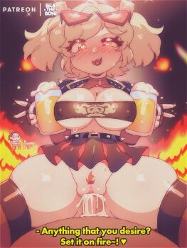 1boy 1girl alcohol animated animated_gif assertive_female beer beer_mug black_gloves black_skirt black_thighhighs bluethebone bouncing_breasts breasts burnice_white clothed_sex cowgirl_position cum cum_in_pussy cum_overflow cup english_text eyewear_on_head fang female_pubic_hair fingerless_gloves fingernails fire gloves gunshow_(comic) heart heart-shaped_pupils heart_in_mouth hetero holding holding_cup large_breasts long_fingernails looking_at_viewer meme miniskirt mug no_panties open_mouth penis plump pov pubic_hair pussy sex skindentation skirt smile solo_focus straddling striped_clothes striped_thighhighs subtitled sunglasses sweat symbol-shaped_pupils thick_thighs thighhighs thighs this_is_fine_(meme) uncensored zenless_zone_zero