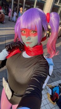 1girl belt black_leotard breasts cosplay gradient_hair green_eyes hand_in_own_hair highres kamen_rider leotard lips long_hair looking_at_viewer model_request multicolored_hair multiple_others open_mouth outdoors pantyhose photo_(medium) purple_hair selfie shiny_clothes shocker_(kamen_rider) smile solo standing sunlight toujima_tanzaburou_wa_kamen_rider_ni_naritai twintails yukarisu yukarisu_(cosplay)