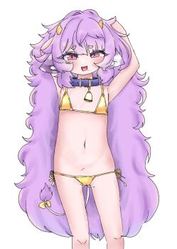 1girl animal_ears arms_behind_head arms_up belt_collar bikini blush bow collar cow_ears cow_tail flat_chest highres horns loli long_hair looking_at_viewer mole muu_muyu muu_muyu_(artist) navel neck_bell open_mouth phase_connect pink_eyes purple_hair side-tie_bikini_bottom solo standing swimsuit tail very_long_hair virtual_youtuber white_background