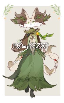 1girl :3 alternate_color alternate_shiny_pokemon animal_ears belt border brown_fur chinese_commentary commentary_request commission delphox dress flower fox_ears fox_girl full_body furry furry_female gen_6_pokemon green_background green_dress green_eyes highres holding holding_stick kamier586 leaf nintendo original pentacle pentagram pentagram_necklace pokemon pokemon_(creature) pokemon_focus simple_background solo standing stick watermark white_border yellow_flower