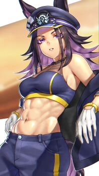 1girl abs animal_ears bare_shoulders black_hair black_jacket black_sports_bra breasts ears_through_headwear fenomeno_(black_flames_of_the_righteous_spirit)_(umamusume) fenomeno_(umamusume) flipped_hair gloves hat highres horse_ears horse_girl horse_tail horseshoe_hat_ornament horseshoe_ornament jacket jacket_partially_removed long_hair long_sleeves looking_at_viewer medium_breasts multicolored_hair muscular muscular_female navel open_clothes open_jacket pants parted_lips peaked_cap purple_eyes purple_hair see-through_cleavage see-through_clothes skylock sports_bra stomach striped_hat tail umamusume white_gloves