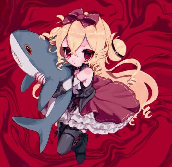 1girl absurdres bare_shoulders black_jacket black_shoes black_thighhighs blonde_hair borrowed_character bow closed_mouth commission crossed_bangs deformed detached_sleeves double-parted_bangs drill_hair drill_sidelocks frilled_skirt frills frown full_body hair_between_eyes hair_bow hair_bun hand_up highres hugging_object ikea_shark jacket knees_up long_hair looking_at_viewer oisiionigiriiii original red_background red_bow red_eyes red_skirt ribbon-trimmed_bow ribbon-trimmed_skirt ribbon_trim ringed_eyes second-party_source shoes side_up_bun sidelocks skeb_commission skirt sleeveless sleeveless_jacket solo stuffed_animal stuffed_shark stuffed_toy thighhighs two_side_up v-shaped_eyebrows wavy_background white_sleeves