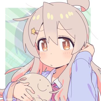 Rule 34 | 1girl, :/, ahoge, artist name, brown eyes, commentary, grey hair, hair between eyes, hair ornament, hairclip, highres, holding, holding stuffed toy, light blush, long hair, long sleeves, looking at viewer, matado (almukha), multicolored hair, onii-chan wa oshimai!, oyama mahiro, pink hair, simple background, solo, star (symbol), star hair ornament, stuffed toy, twitter username, two-tone hair, upper body