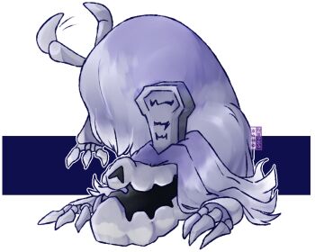 bone commentary dualcosmog full_body hair_over_eyes highres houndstone motion_blur nintendo no_humans open_mouth outline pokemon pokemon_(creature) pokemon_focus solo tail tail_wagging tombstone transparent_background white_outline