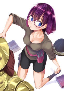 Rule 34 | 1girl, bike shorts, blue eyes, blush, breasts, chrono trigger, cleavage, covered erect nipples, glasses, grey legwear, grey shirt, helmet, highres, kneeling, lucca ashtear, medium breasts, nail (hardware), no bra, pink-framed eyewear, purple hair, robo (chrono trigger), robot, semi-rimless eyewear, shirt, short hair, sleeves rolled up, socks, straight hair, under-rim eyewear, unworn headwear, white background, wrench, yumeno tanuki