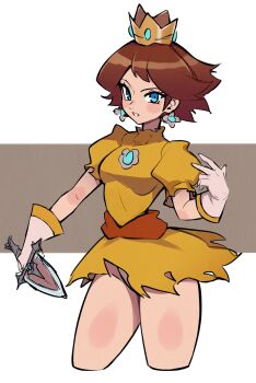 Rule 34 | 1girl, blue eyes, breasts, brooch, commentary, crown, dress, earrings, english commentary, flower brooch, flower earrings, gloves, gold crown, gown, highres, holding, holding knife, jewelry, knife, mario (series), nintendo, oninuer, panties, pointed crown, princess, princess daisy, short hair, simple background, sketch, skirt, solo, super mario land, tomboy, torn clothes, torn skirt, underwear, upper body, white panties, yellow dress