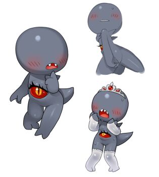 Rule 34 | 1girl, ass, blush, bridal gauntlets, colored sclera, colored skin, faceless, faceless female, fang, female focus, finger to own chin, full body, grey skin, hands on own cheeks, hands on own face, monster, monster girl, multiple views, open mouth, original, red sclera, sharp teeth, simple background, standing, sweat, tail, teeth, thighhighs, tiara, tosx, upper teeth only, white background, white thighhighs, yellow eyes