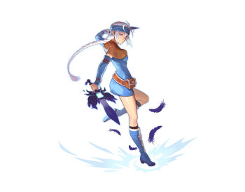 1girl belt belt_pouch black_socks blue_boots blue_dress blue_headband blue_sleeves boots braid braided_ponytail breasts brown_belt brown_capelet capelet closed_mouth combat_knife commentary_request cross-laced_armwear detached_sleeves dress dual_wielding eyelashes feathers full_body glowing glowing_weapon grey_eyes grey_hair hair_tie headband highres holding holding_knife knee_boots kneehighs knife korean_commentary lace-up_boots light_frown long_hair looking_at_viewer low-braided_long_hair low-tied_long_hair medium_breasts nayatrei nexon pouch purple_feathers sang_ah_yoon simple_background single_braid sleeveless sleeveless_dress socks standing standing_on_one_leg tales_weaver tight_clothes tight_dress weapon white_background