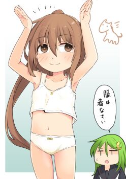 2girls black_serafuku brown_eyes brown_hair camisole commentary_request fumizuki_(kancolle) green_hair highres horse kantai_collection long_hair multiple_girls nagatsuki_(kancolle) okitarou_(okiyo) panties ponytail rabbit_pose school_uniform serafuku smile solo_focus underwear underwear_only white_camisole white_panties