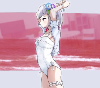 1girl alternate_costume arms_up blue_flower blue_moment_(love_live!) colored_inner_hair commentary cowboy_shot flower frilled_jacket frilled_one-piece_swimsuit frills from_side hair_flower hair_ornament jacket jacket_over_swimsuit letterboxed link!_like!_love_live! llb love_live! medium_hair morning_glory multicolored_hair one-piece_swimsuit open_clothes open_jacket outside_border profile purple_flower red_background red_eyes red_hair short-sleeved_jacket short_sleeves solo swimsuit virtual_youtuber white_hair white_jacket white_one-piece_swimsuit yugiri_tsuzuri