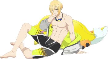 Rule 34 | 1boy, artist request, black swim trunks, blonde hair, blue eyes, collarbone, eizen (tales), full body, game cg, goggles, grey jacket, hand on ground, hand on own face, highres, jacket, looking at viewer, navel, official alternate costume, official art, on floor, on ground, one eye closed, short hair, solo, swim goggles, tales of (series), tales of asteria, tales of berseria, third-party source, transparent background, wet, yellow jacket