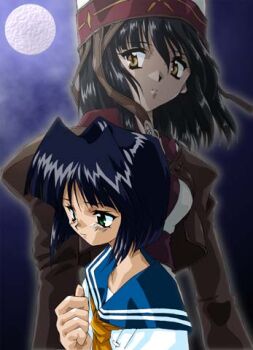 Rule 34 | 2girls, bad id, black hair, blue sailor collar, brown cloak, cloak, closed mouth, edifel, full moon, green eyes, hand up, hat, kashiwagi kaede, kizuato, lowres, moon, multiple girls, neckerchief, night, projected inset, sailor collar, school uniform, serafuku, shiro nishiki (maze-ex), shirt, white shirt, yellow eyes, yellow neckerchief