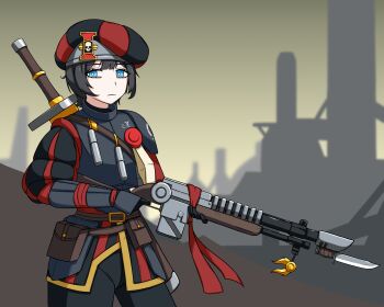 Rule 34 | 1girl, absurdres, black hair, black pants, carapace, comet, crossover, empire (warhammer fantasy), highres, holding, holding weapon, inquisition (warhammer), landsknecht, lasgun, mp sg, original, pants, purity seal, short hair, solo, sword, sword on back, tomboy, tomboy nuln mercenary (mp sg), warhammer 40k, warhammer fantasy, weapon, weapon on back, zweihander