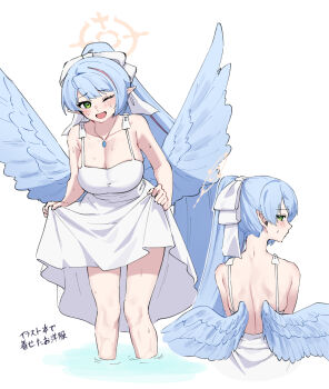 1girl absurdres back bare_shoulders blue_archive blue_hair blue_wings blush breasts cleavage commentary_request dress feathered_wings from_behind green_eyes highres large_breasts lifting_own_clothes long_hair looking_at_viewer looking_back low_wings mine_(blue_archive) multiple_views open_mouth pointy_ears ponytail puddle seele0907 simple_background sleeveless sleeveless_dress smile solo sundress sweatdrop wet white_background white_dress white_headdress wings