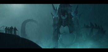 1girl ballistic_missile_submarine blue_theme borrowed_design breasts cleavage cleavage_cutout clothing_cutout cloud cloudy_sky cosplay dark_cloud dark_sky dishwasher1910 giant giantess glowing glowing_eyes godzilla godzilla:_king_of_the_monsters godzilla_(cosplay) godzilla_(monsterverse) godzilla_(series) humanization kaiju large_breasts legendary_pictures letterboxed looking_at_viewer monochrome monsterverse navel nuclear_submarine outdoors personification rain revealing_clothes serious shrugging sky solo_focus spiked_tail spikes stomach submarine tail thong toho uss_scorpion water watercraft wet