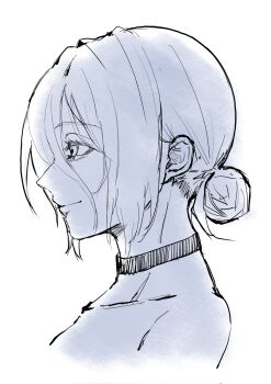 1girl bare_shoulders chainsaw_man choker closed_mouth collarbone from_side greyscale hair_between_eyes hair_bun highres monochrome pepeipeinapple33 reze_(chainsaw_man) short_hair sidelocks single_hair_bun smile solo white_background