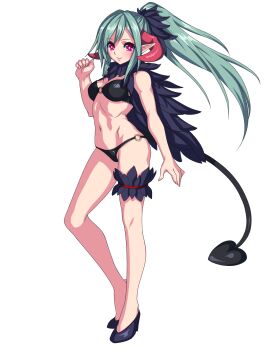 1girl bikini black_bikini bochi_(yamakan) breasts commentary_request demon_girl demon_tail full_body green_hair highres horns long_hair looking_at_viewer navel o-ring o-ring_bikini original pink_eyes pointy_ears ponytail simple_background small_breasts solo swimsuit tail