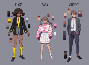 1girl 2boys :3 ahoge black_hair black_jacket bob_cut brown_eyes character_name collared_shirt color_guide dark-skinned_female dark_skin elyse_(i&#039;m_the_grim_reaper) full_body graveweaver grey_jacket grey_shorts hair_ornament hairclip hand_in_pocket hands_on_own_hips i&#039;m_the_grim_reaper jacket looking_at_viewer multiple_boys necktie official_art orange_eyes reference_sheet sara_(i&#039;m_the_grim_reaper) shirt short_hair short_twintails shorts single_off_shoulder skirt socks standing striped_clothes striped_sweater sweater twintails vest vincent_(i&#039;m_the_grim_reaper) white_shirt white_skirt white_socks white_vest yellow_necktie yellow_socks