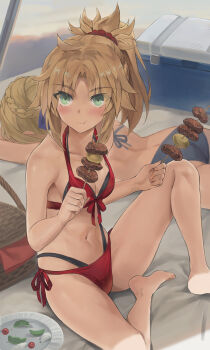 2girls artoria_pendragon_(fate) bare_shoulders bikini blonde_hair blue_bikini blush braid breasts eating fate/grand_order fate_(series) food green_eyes hair_ornament hair_scrunchie highres long_hair looking_at_viewer mordred_(fate) multiple_girls navel parted_bangs ponytail red_bikini red_scrunchie saber_(fate) scrunchie sidelocks skewer small_breasts swimsuit tonee