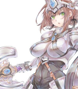 1girl absurdres armor black_ribbon blue_gem bob_cut boobplate braid braided_base breastplate breasts brooch brown_hair bun_with_braided_base commentary_request covered_navel duvalie eiyuu_densetsu gem green_eyes hair_between_eyes hair_bun hair_ribbon headgear highres holding holding_shield holding_sword holding_weapon jewelry large_breasts looking_at_viewer open_mouth pauldrons ribbon sen_no_kiseki_(series) shield short_hair shoulder_armor simple_background solo sword weapon white_background wochi