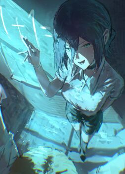 1girl absurdres armlet breasts chainsaw_man choker denji_(chainsaw_man) full_body highres jewelry kouchanthree looking_at_viewer open_mouth reze_(chainsaw_man) smile standing