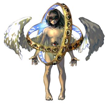 Rule 34 | 1other, angel wings, black hair, character request, check copyright, closed mouth, commentary, copyright request, extra eyes, highres, long hair, looking at viewer, meltted, nude, original, other focus, red eyes, simple background, solo, untranslatable commentary, white background, wide-eyed, wings