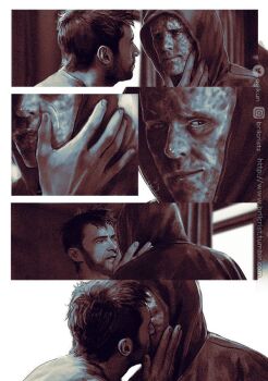 2boys back beard brilcrist brown_hair couple deadpool deadpool_&amp;_wolverine deadpool_(series) facial_hair hand_on_another&#039;s_face hood hood_up indoors instagram_username kiss light_smile looking_at_another male_focus marvel marvel multiple_boys muscular muscular_male scar scars_all_over shirt short_hair teeth too_many tumblr_username twitter_username wolverine_(x-men) x-men yaoi