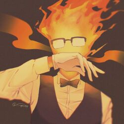 1boy arm_at_side black-framed_eyewear black_background black_bow black_bowtie black_vest bow bowtie chromatic_aberration collared_shirt commentary_request film_grain fire glasses gloves grillby hand_up highres long_sleeves looking_at_viewer male_focus r_ego999 shirt simple_background solo twintails undertale upper_body utdr_(toby_fox) vest white_gloves white_shirt
