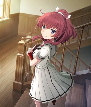 1girl ayanokouji_martial_arts_school_uniform black_neckerchief blue_eyes blush book breasts closed_mouth dutch_angle feet_out_of_frame from_side game_cg grey_sailor_collar hair_ribbon high_ponytail holding holding_book indoors konohana_suzuka looking_at_viewer medium_breasts medium_hair neckerchief official_art ponytail railing red_hair ribbon sailor_collar school_uniform serafuku shirt short_ponytail short_sleeves skirt smile solo stairs stairwell standing summer_uniform third-party_source toji_no_miko toji_no_miko:_kizamishi_issen_no_tomoshibi white_ribbon white_serafuku white_shirt white_skirt window wooden_stairs