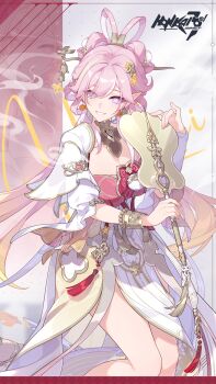 Rule 34 | 1girl, breasts, commentary, diamond-shaped pupils, diamond (shape), dress, elysia (hi love elf) (honkai impact), elysia (honkai impact), elysia (lunar grace) (honkai impact), english commentary, feixianji (hairstyle), fingernails, hair ornament, hair rings, highres, holding, honkai (series), honkai impact 3rd, logo, looking at viewer, medium breasts, multicolored hair, official alternate costume, official art, parted lips, pink hair, pointy ears, purple eyes, shuangyaji, smile, solo, streaked hair, symbol-shaped pupils, white dress