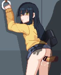 1boy 1girl after_vaginal aftersex animated animated_gif ass bag bar_censor black_hair blue_skirt censored closed_eyes closed_mouth clothes_lift commentary_request commission cum cum_in_pussy cum_overflow ejaculation hetero holding_own_arm invisible_man long_hair long_sleeves looking_back mieruko-chan no_panties open_mouth osimder penis pixel_art pleated_skirt pussy school_uniform sex sex_from_behind shoulder_bag sidelocks skeb_commission skirt skirt_lift solo_focus standing standing_sex sweatdrop sweater train_interior vaginal yellow_eyes yellow_sweater yotsuya_miko