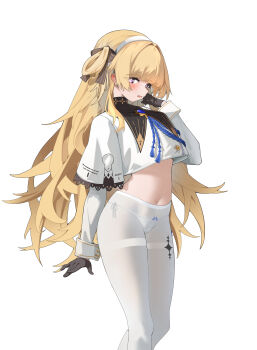 1girl absurdres black_collar black_gloves blonde_hair blush chinese_commentary collar commentary_request crop_top gloves hairband hand_up highres hornesix long_hair long_sleeves looking_at_viewer navel no_pants open_mouth panties panties_under_pantyhose pantyhose phoebe_(wuthering_waves) purple_eyes shirt simple_background solo stomach tacet_mark_(wuthering_waves) thighband_pantyhose underwear very_long_hair white_background white_hairband white_panties white_pantyhose white_shirt wuthering_waves