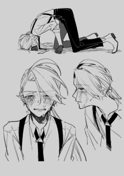 Rule 34 | 1girl, all fours, androgynous, cropped torso, crying, crying with eyes open, ear piercing, full body, gloves, grey background, greyscale, long hair, low ponytail, monochrome, multiple views, necktie, nintendo, pants, piercing, pokemon, pokemon sv, ponytail, reverse trap, rika (pokemon), shoes, shougo-akira, simple background, sobbing, suspenders, swept bangs, tears, upper body