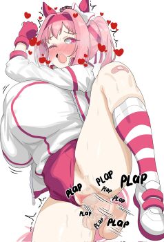 1girl aged_up animal_ears bandaid bandaid_on_knee bandaid_on_leg blush breasts buruma disembodied_penis ear_covers gloves haru_urara_(umamusume) headband highres horse_ears horse_girl huge_breasts jacket long_sleeves motion_lines one_eye_closed open_mouth penis pink_eyes pink_hair pink_headband pussy red_buruma red_gloves red_socks sex simple_background socks solo_focus striped_clothes striped_socks track_jacket twintails txlyre umamusume vaginal white_background white_socks