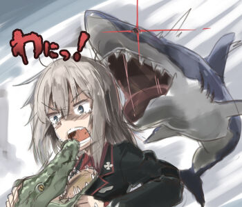 Rule 34 | 10s, 1girl, alligator, black jacket, blue eyes, crocodilian, crying, crying with eyes open, dress shirt, girls und panzer, itsumi erika, jacket, kuromorimine military uniform, long hair, long sleeves, messy hair, military, military uniform, open mouth, red shirt, screaming, shark, shirt, shuiro (frog-16), silver hair, sketch, sparkle, standing, tearing up, tears, what, wrestling