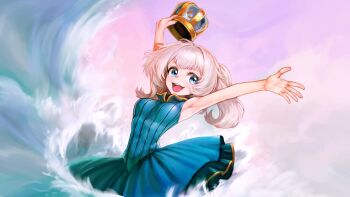 1girl armpits arms_up blue_dress blue_eyes breasts crown dress grey_hair highres holding holding_crown long_hair marimari_(vtuber) open_mouth outdoors phase_connect pink_sky ponytail sky small_breasts solo sussynano virtual_youtuber waves