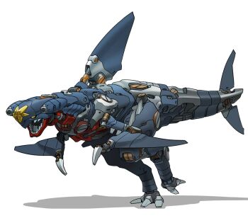 black_sclera colored_sclera digitigrade fins fish_tail full_body garchomp gen_4_pokemon gifer_art joints mecha mecha_focus mechanical_tail mechanization nintendo no_humans non-humanoid_robot open_mouth piston pokemon pokemon_(creature) procreate_(medium) robot robot_dragon running science_fiction shadow shark_fin shark_tail simple_background tail white_background yellow_eyes