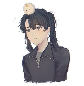 0juhcd 1girl animal animal_on_head biyoo_(omniscient_reader&#039;s_viewpoint) black_eyes black_hair black_shirt collared_shirt double-parted_bangs expressionless hair_between_eyes hashtag-only_commentary long_hair notice_lines omniscient_reader&#039;s_viewpoint on_head shirt short_twintails solo twintails undershirt upper_body yoo_mia