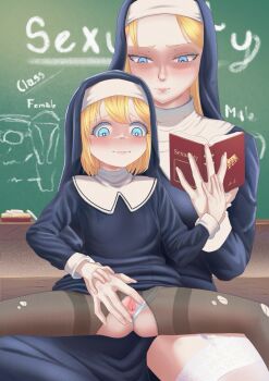 2girls age_difference andro_gs artist_logo artist_name black_pantyhose blonde_hair blue_dress blue_eyes blue_hat blush book borrowed_character chalk chalkboard chalkboard_writing classroom cleft_of_venus clitoral_hood closed_mouth clothes_lift clothing_aside collar cowboy_shot desk detached_collar diagram double-parted_bangs drawing_(object) dress dress_lift embarrassed english_text eraser eyebrows eyelashes feet_out_of_frame female_focus female_pervert fingering fingernails forehead garter_straps grabbing_from_behind groin habit hair_between_eyes hand_on_another's_crotch hand_on_another's_hand hand_up hat headdress highres holding holding_book indoors lifting_another's_clothes little_nuns_(diva) logo loli long_fingernails long_hair long_sleeves looking_at_another looking_down medium_hair multiple_girls nervous nervous_smile nose nose_blush nun older_female_and_younger_female on_desk onee-loli open_book panties panties_aside panty_pull pantyhose parted_bangs pervert pulling_another's_clothes pussy school school_desk sex_ed short_hair sitting sitting_on_lap sitting_on_person size_difference smile spread_legs spread_pussy straight-on straight_hair tareme teacher_and_student thighhighs thighs torn_clothes torn_pantyhose tsurime two-tone_hat uncensored underwear urethra watermark wavy_mouth white_collar white_hat white_panties white_thighhighs yuri zettai_ryouiki