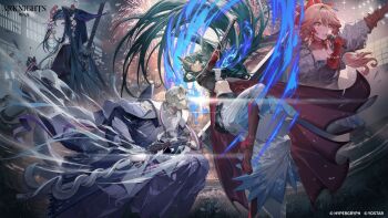 Rule 34 | 1boy, 3girls, arknights, black hair, black shirt, blue fire, boots, cape, commentary, copyright name, copyright notice, crop top, english commentary, feather hair, fighting, fire, full body, gloves, haruka (arknights), highres, holding, holding microphone, holding sword, holding weapon, hoshiguma (arknights), hoshiguma the breacher (arknights), jumping, kazeto, knee boots, kneeling, long hair, medium hair, microphone, mio (arknights), mitsuhide mifune (arknights), multiple girls, official art, pants, pointy ears, red boots, red cape, red eyes, red gloves, red hair, second-party source, sheath, shirt, simple background, stomach, sword, unsheathing, upper body, weapon, white pants