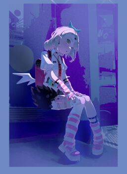 1014905210 1girl absurdres accessories backpack bag bandaid bandaid_hair_ornament blonde_hair blue_bow blue_nails bow checkered_necktie chinatsu_remiel collar earrings fur-trimmed_skirt fur_trim hair_ornament hairclip hands_on_own_legs head_tilt highres jewelry leg_warmers looking_at_viewer multiple_hair_clips multiple_thigh_straps musical_note_earrings necktie open_mouth pink_arm_warmers pink_bag pink_leg_warmers pink_shoes red_necktie ring shirt shoes sitting skirt solo striped_arm_warmers striped_leg_warmers tamagotchi_(virtual_pet) thigh_strap virtual_pet_(toy) white_shirt winged_bag wings zenless_zone_zero